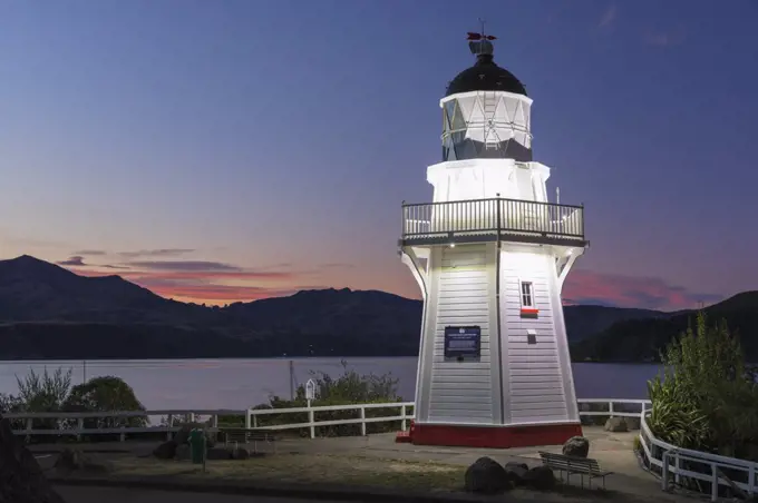 Lighthouse in the Bay of Akaroa, Banks Peninsula, Canterbury, South Island, New Zealand, Pacific