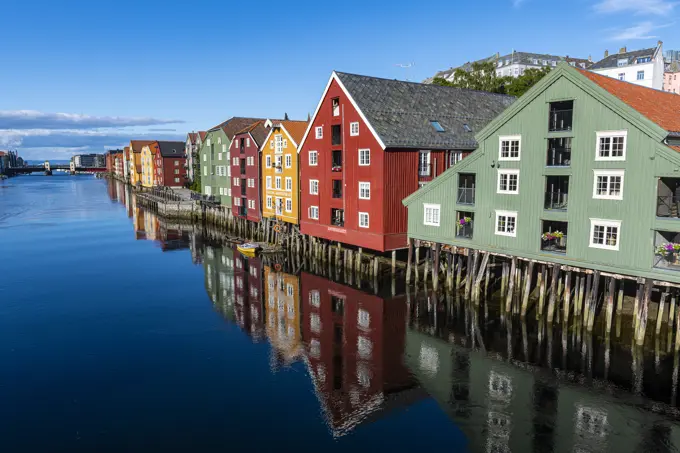 Old storehouses along the Nidelva, Trondheim, Norway, Scandinavia, Europe