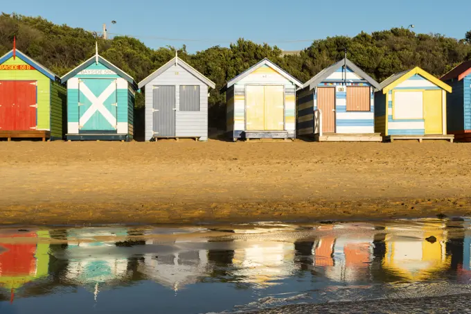 Bathing boxes (beach huts), Brighton, Port Phillip Bay, Victoria, Australia, Pacific