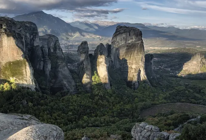 Pillars of Meteora at sunrise, Meteora, Thessaly, Greece, Europe