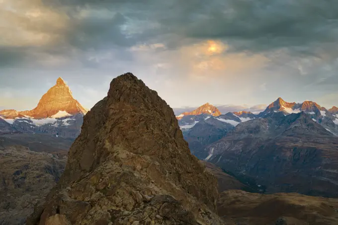 Sunrise over Matterhorn and Dent Blanche view from Riffelhorn, aerial view, Zermatt, canton of Valais, Switzerland, Europe