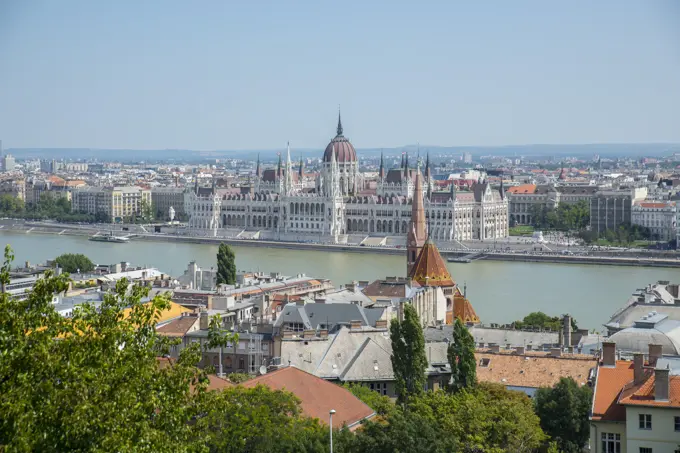 View of Budapest, River Danube and Parliament Buildings from Castle Hill, UNESCO World Heritage Site, Budapest, Hungary, Europe