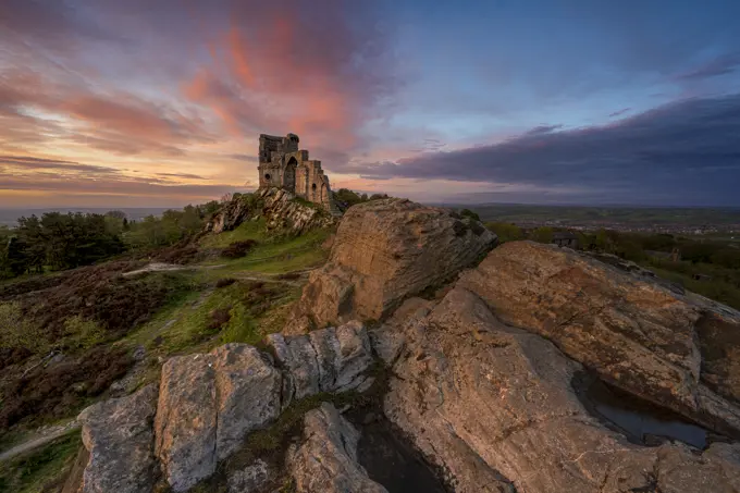 The Folly at Mow Cop with incredible sunset, Mow Cop, Cheshire, England, United Kingdom, Europe