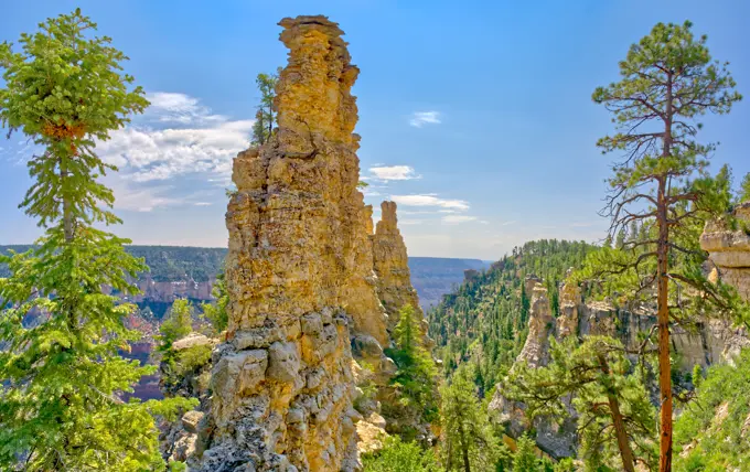 Large rock spires on the cliff of Transept Canyon along the Widforss Trail at Grand Canyon North Rim, UNESCO World Heritage Site, Arizona, United States of America, North America