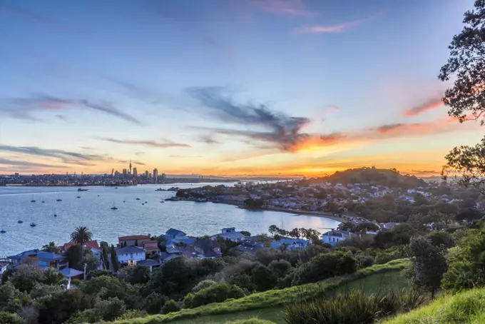 Auckland Skyline at dusk, Auckland, North Island, New Zealand, Pacific