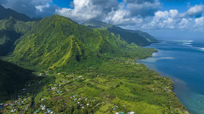 Aerial of Tahiti Iti and its lagoon, Society Islands, French Polynesia, South Pacific, Pacific