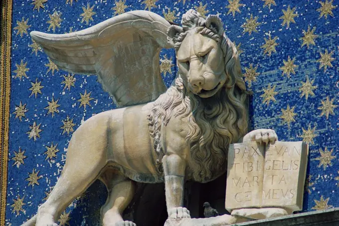 Close_up of the Lion of St. Mark´s Clock Tower in Venice, UNESCO World Heritage Site, Veneto, Italy, Europe