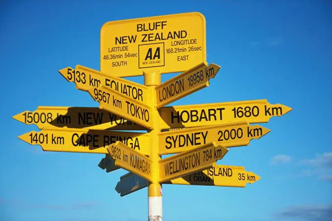 Signposts to cities around the world at most southerly point in the country, Bluff, Southland, South Island, New Zealand, Pacific