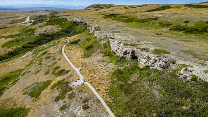 Aerial of the Head Smashed in Buffalo Jump, UNESCO World Heritage Site, Alberta, Canada, North America