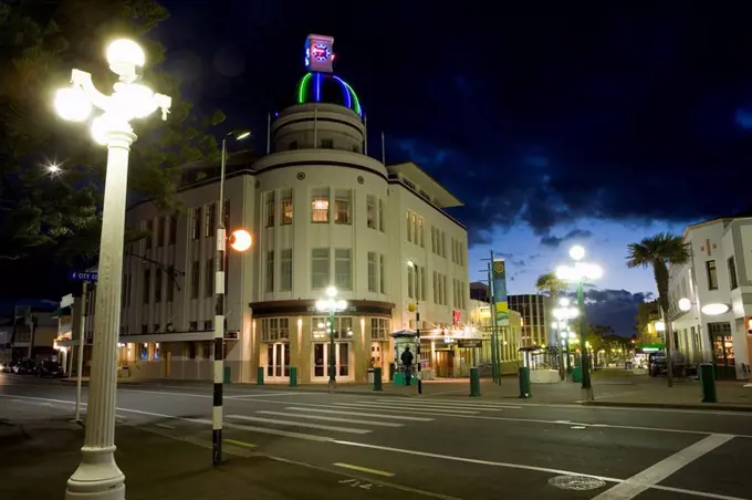 Lampost and Deco clock tower in the Art Deco city of Napier, North Island, New Zealand, Pacific