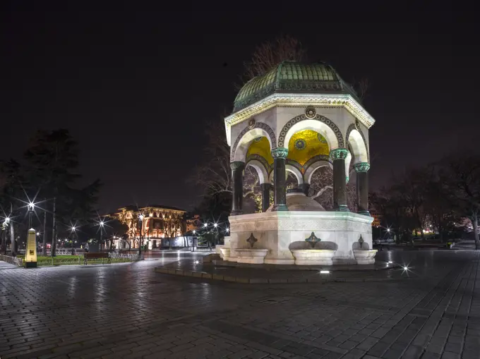 German Fountain illuminated at night, Istanbul, Turkey, Europe