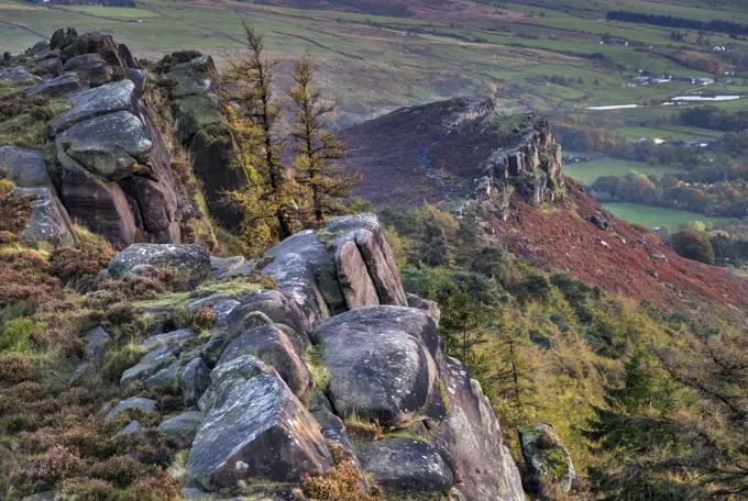 Hen Cloud from The Roaches rock formation in autumn, near Leek, Peak District National Park, Staffordshire Moorlands, Staffordshire, England, United Kingdom, Europe