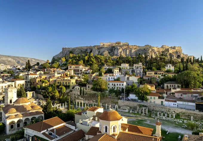 Plaka and Acropolis, Monastiraki, Athens, Greece, Europe