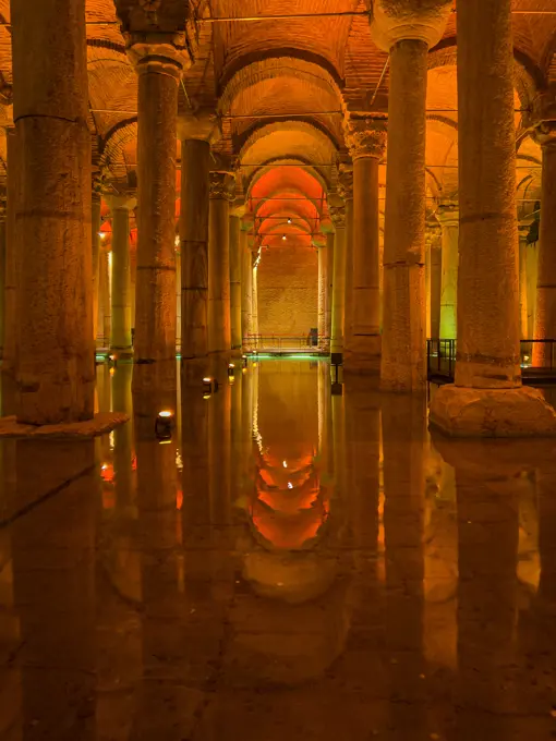 Basilica Cistern with an orange illumination, Istanbul, Turkey, Europe