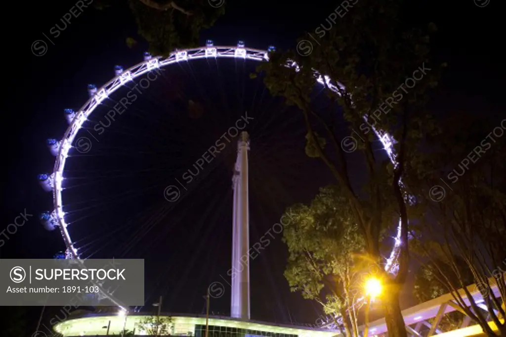 Low angle view of a ferris wheel lit up at night, Singapore