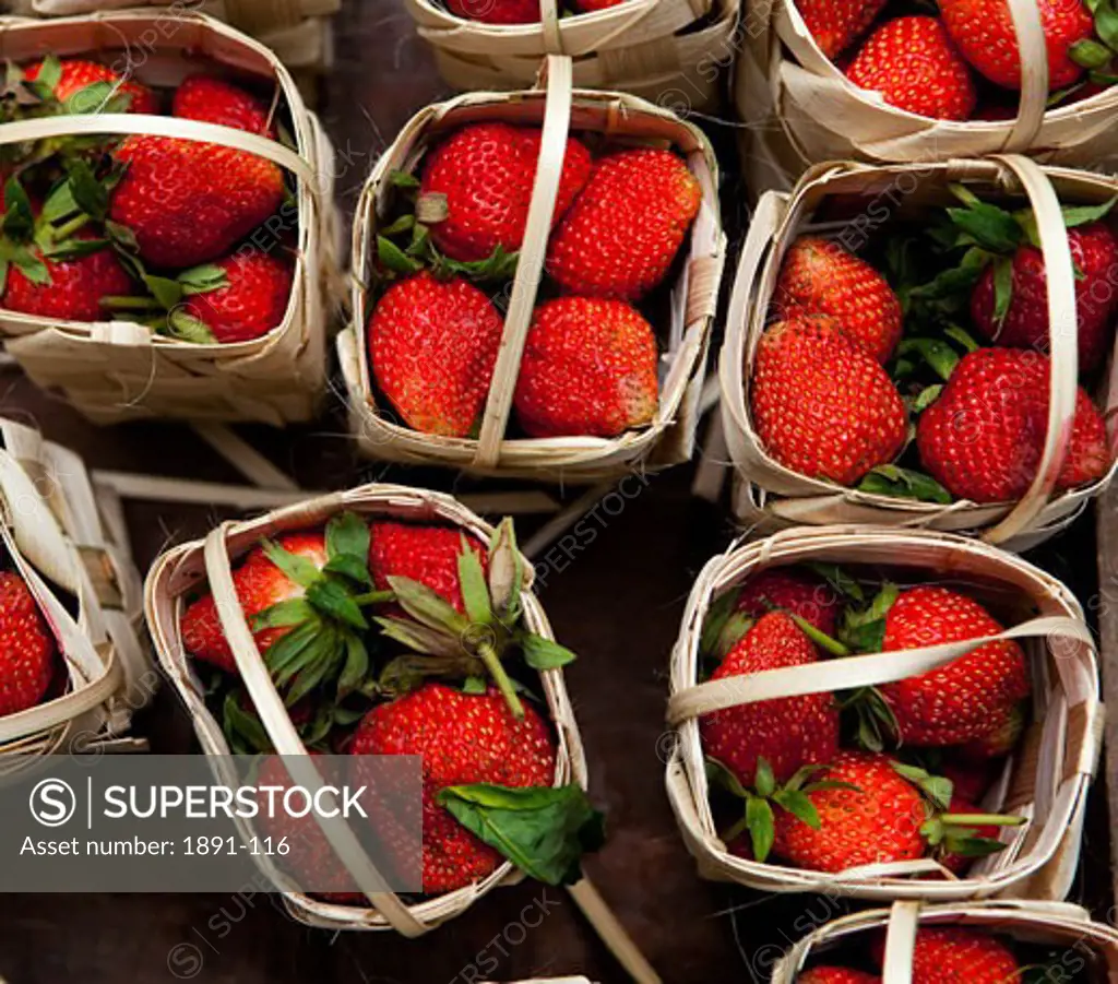 High angle view of strawberries in baskets, Myanmar