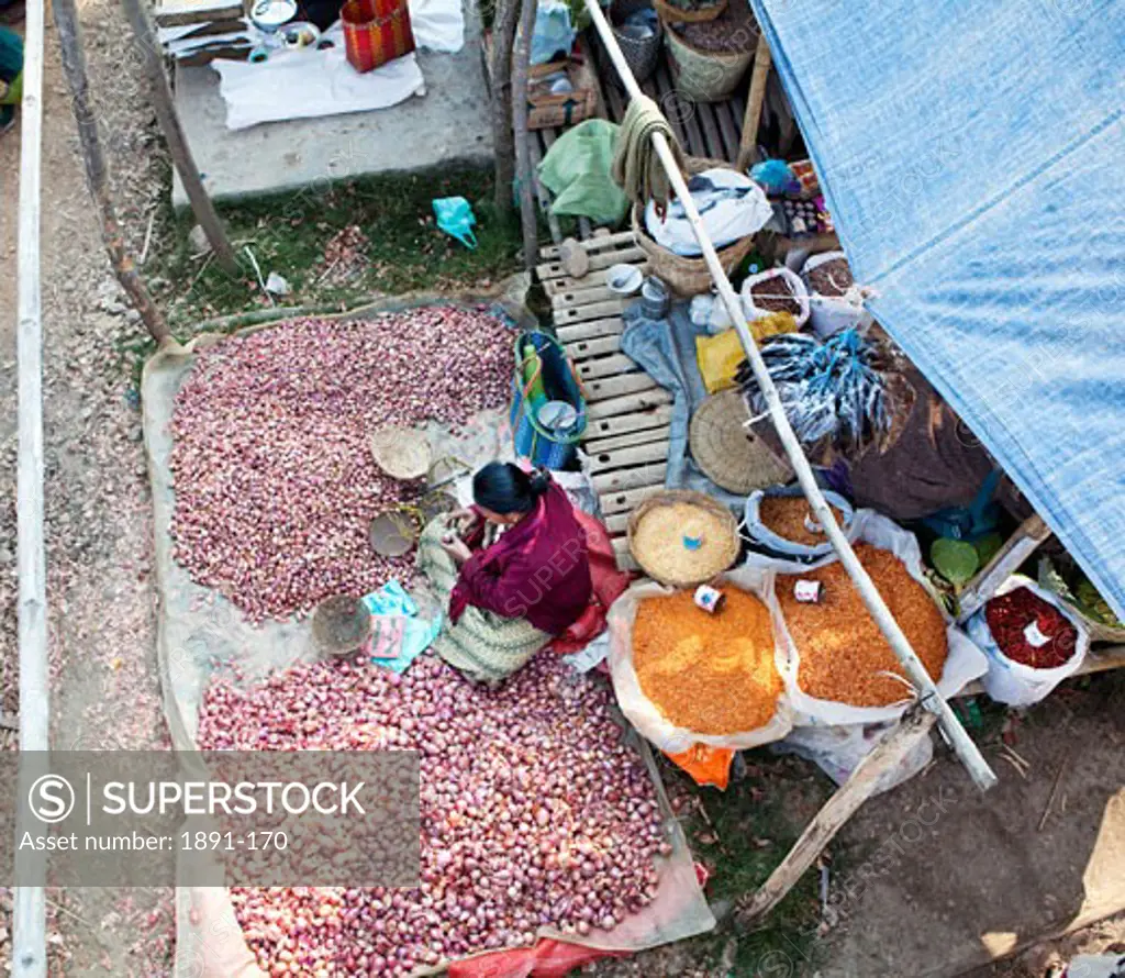 High angle view of a street market, Myanmar