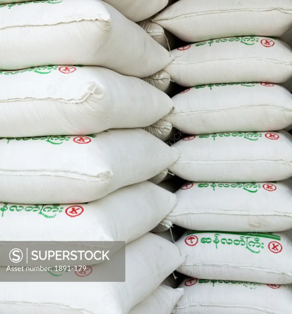 Rice bags in a warehouse, Myanmar