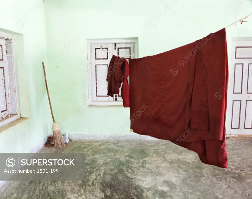 Monk robes hanging on a clothesline, Myanmar