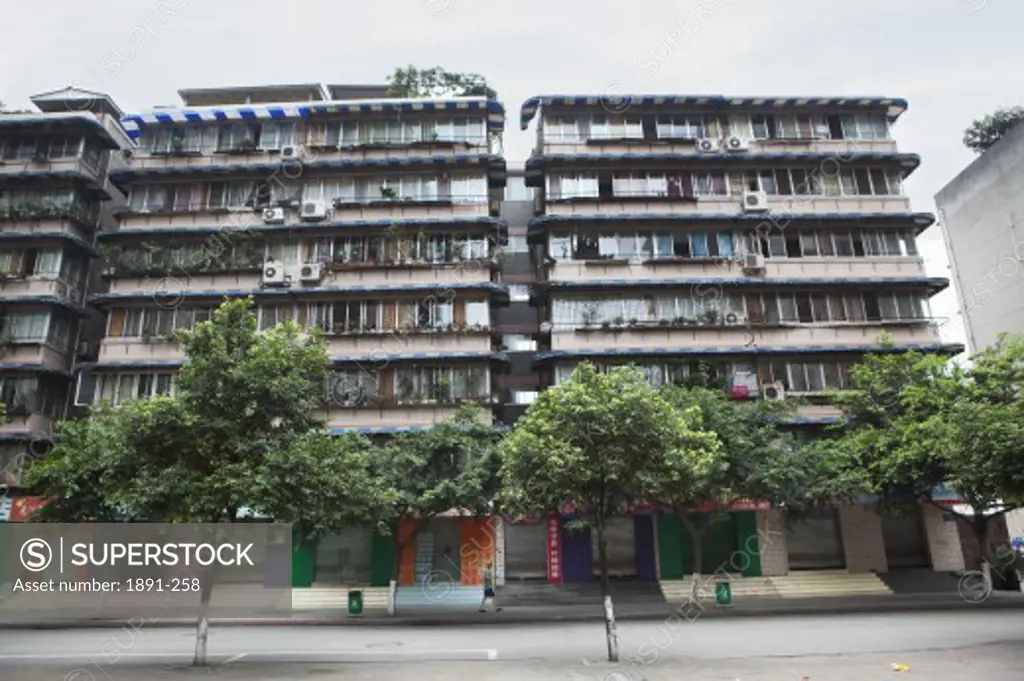 Low angle view of apartment buildings, Chengdu, Sichuan Province, China