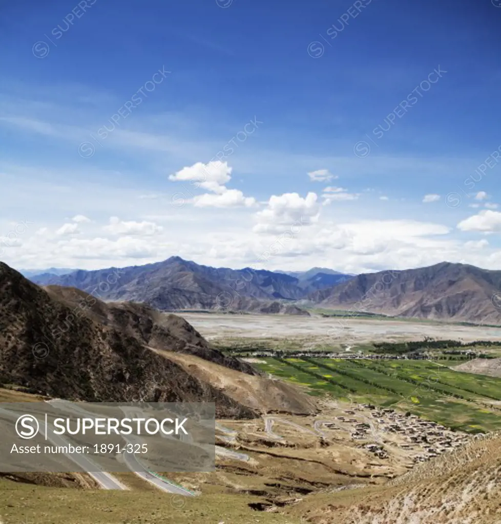 High angle view of roads passing through mountains, Tibet,