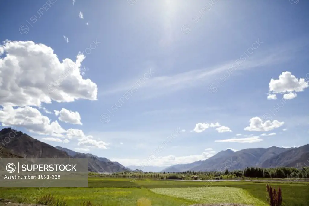 Landscape in front of mountains, Tibet,