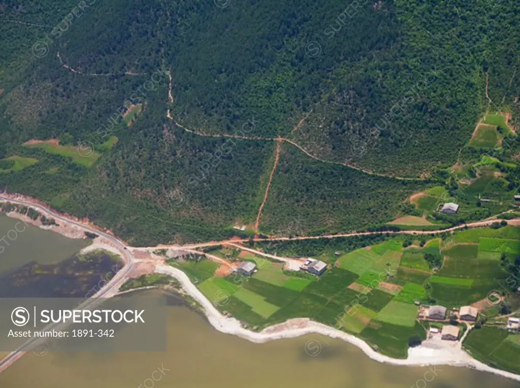 Aerial view of rice fields, Tibet,