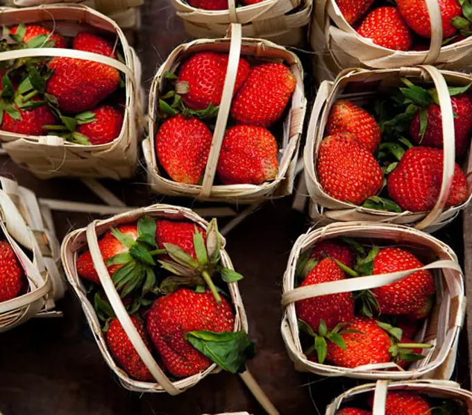 High angle view of strawberries in baskets, Myanmar