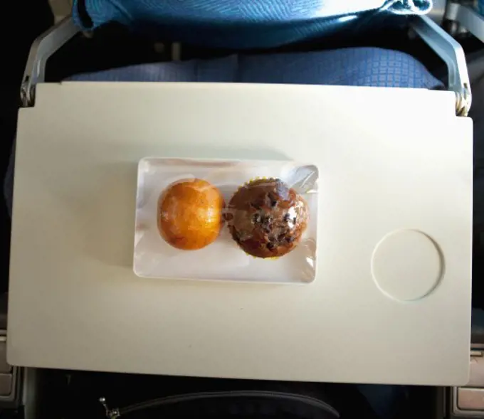 High angle view of food served in an airplane