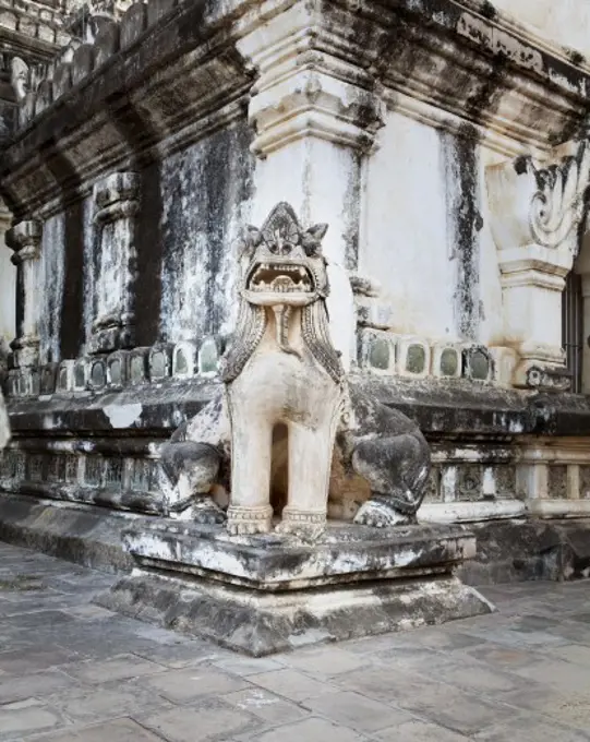 Lion's statue in front of a temple, Bagan Temple, Bagan, Myanmar