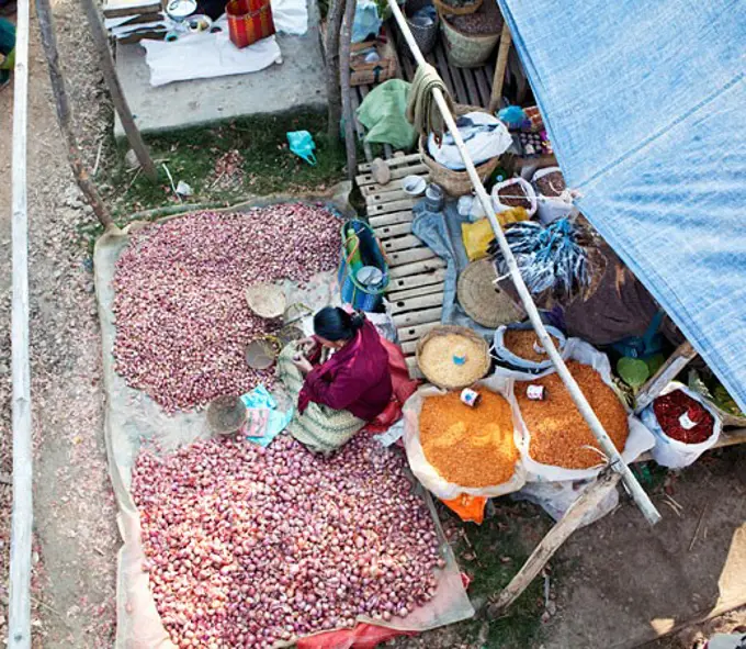 High angle view of a street market, Myanmar