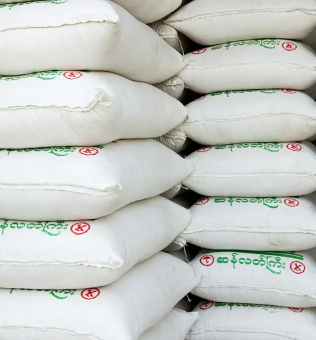 Rice bags in a warehouse, Myanmar