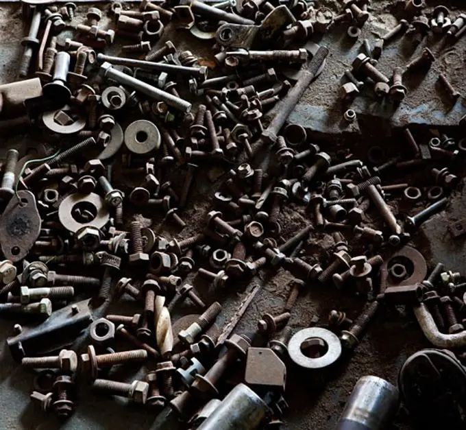 High angle view of assorted nuts and bolts, Myanmar