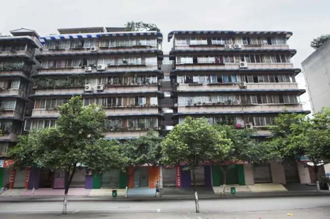 Low angle view of apartment buildings, Chengdu, Sichuan Province, China