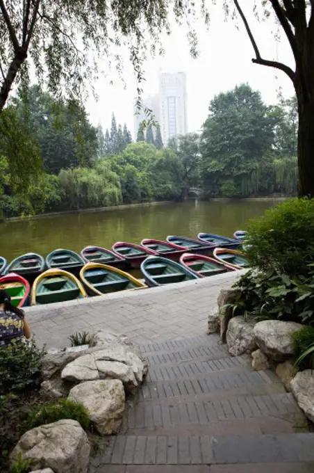 Rental boats in a lake, Chengdu Park, Chengdu, Sichuan Province, China