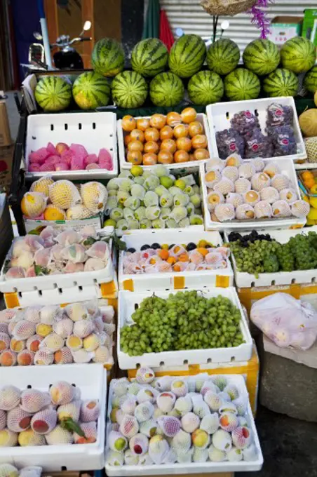 Fruits at market stall, Tibet,