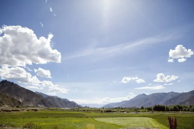 Landscape in front of mountains, Tibet,