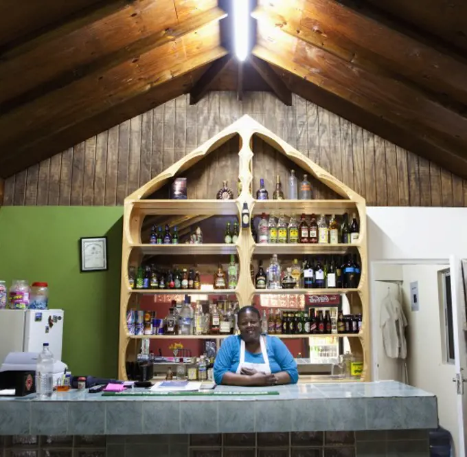 Bartender at the counter in a bar, Jamaica