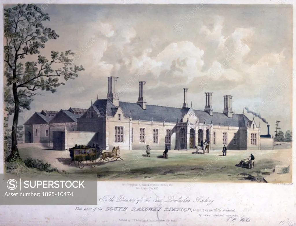 Coloured lithograph, drawn and lithographed by T W Wallis, showing the exterior of Louth Railway Station in Lincolnshire. A horse-drawn omnibus can be...