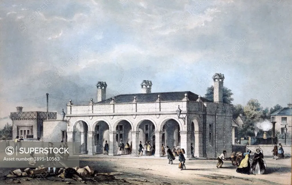 Coloured lithograph by S O Bailey after a drawing by W H Brooke. Leek Station is on the Churnet Valley Line of the North Staffordshire Railway. This s...