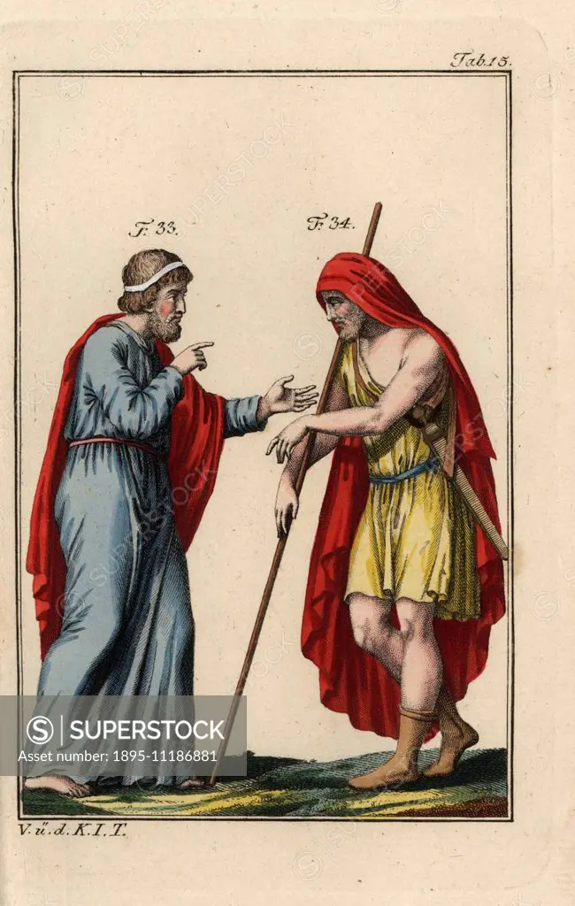 Creon, King of Corinth, in Greek regal costume with diadem. King Agamemnon in chamys with sceptre and parazonium (dagger). Handcolored copperplate eng...