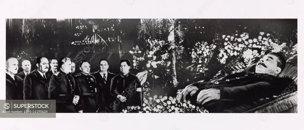 Soviet leaders visit the flower-decked bier of Stalin in Moscow's Hall of Columns. Behind the chief 'mourners' were Molotov, Kruschev, Kaganovich, Mik...