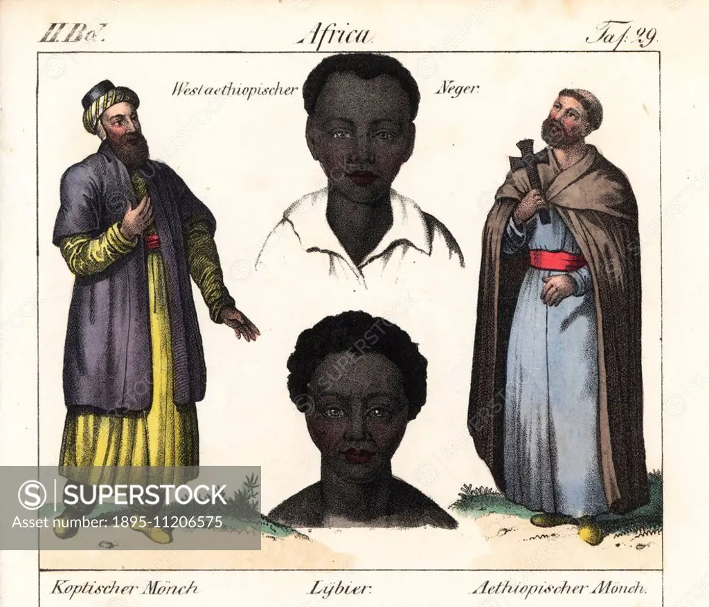 A Coptic monk and an Ethiopian monk, with portraits of a west Ethiopian man and Libyan man. Handcoloured lithograph from Friedrich Wilhelm Goedsche's ...