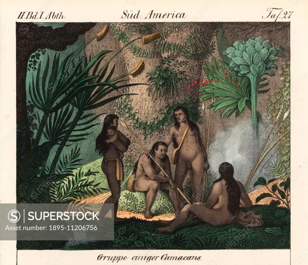 Group of Camacan people of Bahia, Brazil. Three naked men with spears,  bows, arrows and shoulder bags of hunted game, and women with apron and  baby. H... - SuperStock