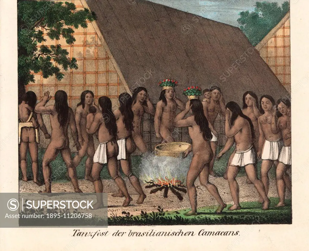 Dance festival of the Camacan in Bahia, Brazil, with many naked men and  women in aprons dancing around a pot on a fire. Handcoloured lithograph  from F... - SuperStock