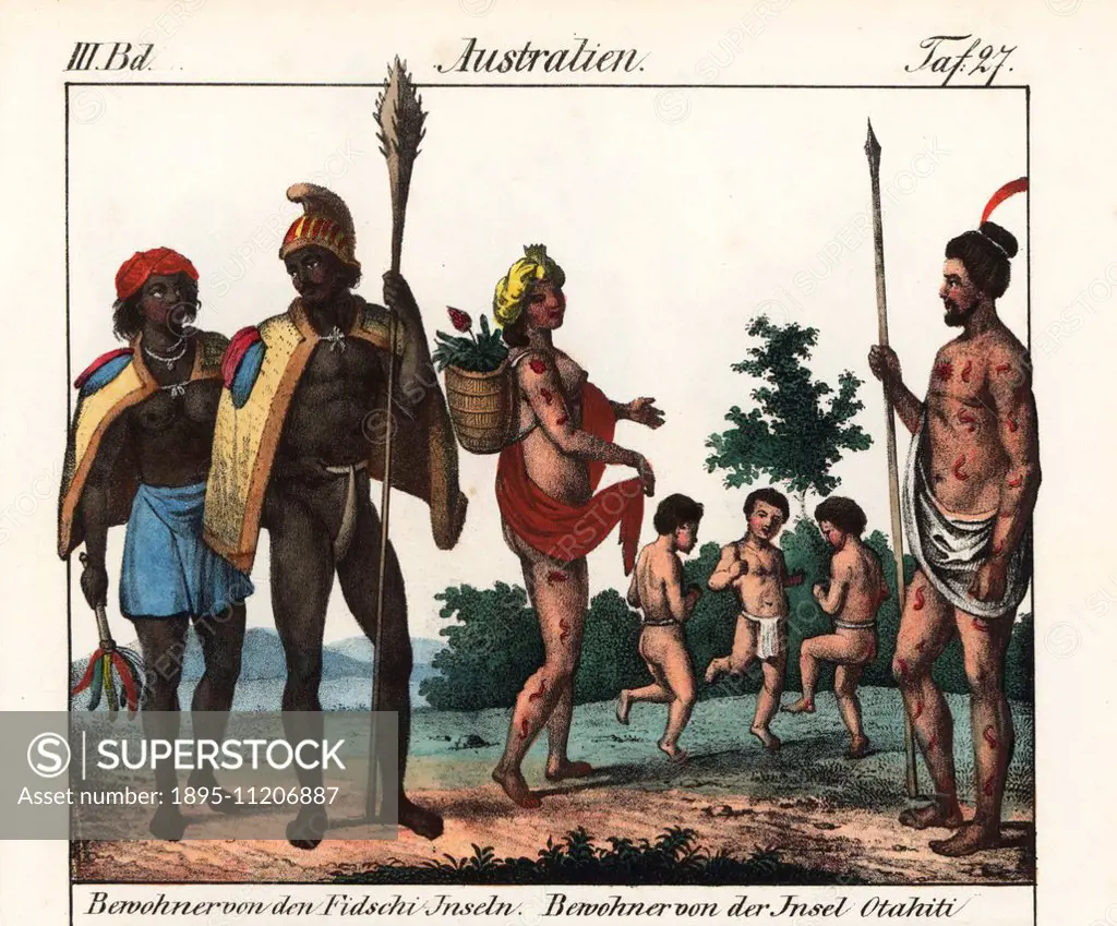 Natives of Fiji island in helmet, cape and penis tube, and natives of Tahiti with tattoos, spear, and basket. Handcoloured lithograph from Friedrich W...