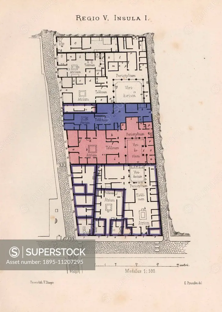 Map of the house of Lucius Caecilius Iucundus, Regio V, Insula I, showing atrium, tablinum, and viridarium (garden). Plan drawn by Presuhn and lithogr...