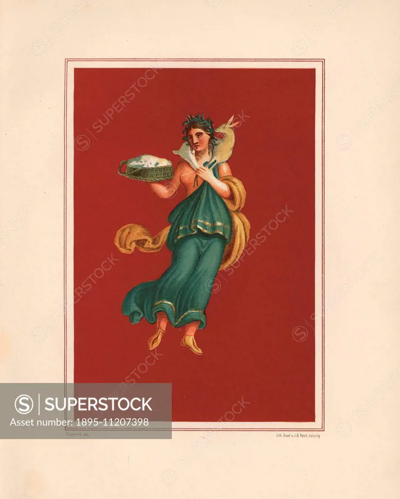 Allegorical wall painting of Spring from the west side of the atrium of house at number 11, Regio IX, Insula V. She holds a basket of cheese and carri...