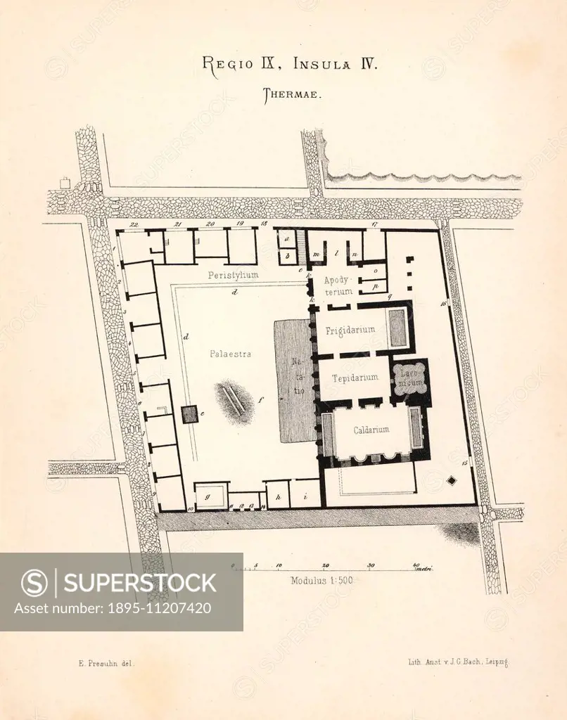 Map of the Thermae (hot baths) at Regio IX, Insula IV, 5. Showing the hot bath Caldarium, warm bath Tepidarium, cold bath Frigidarium, changing room A...