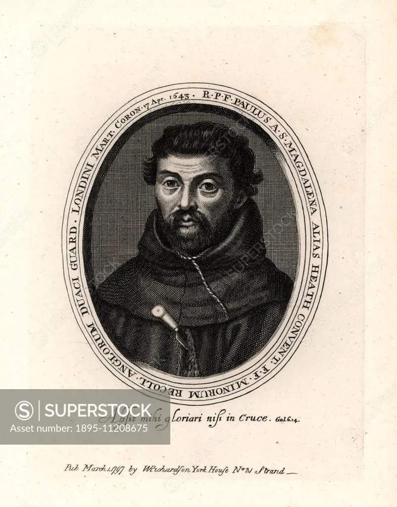 Blessed Henry Heath, Franciscan martyr, hanged in London in 1643. Shown in monk's habit with a dagger in his chest and a noose around his neck. From a...